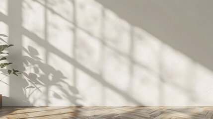 Aufkleber - Aesthetic geometric sunlight shadows on a white textured wall and beige wooden floor empty template for home room interior product background for branding design showcase copy space : Generative AI
