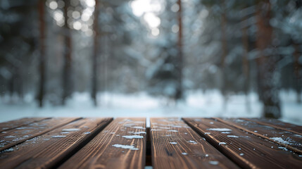 Poster - The empty wooden dark brown rustic table top with blur background of winter forest in finland Exuberant image : Generative AI
