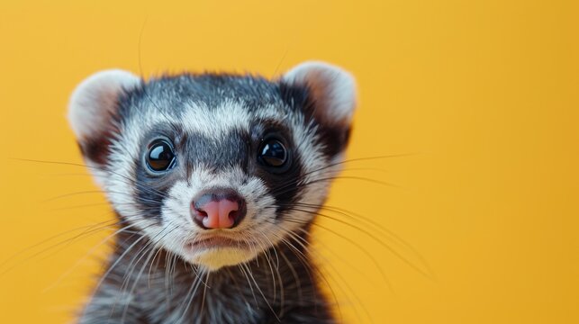 a thrilled ferret peers out from a sky blue banner against a soft orange backdrop