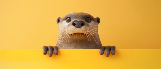 Wall Mural - Delighted otter peeking from behind a cerulean banner, isolated on a pastel yellow background