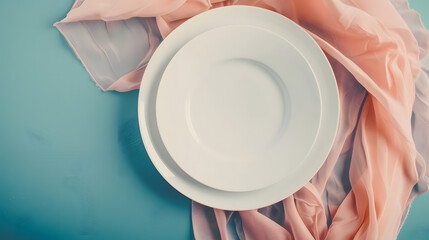 Aufkleber - Top view on colored background empty round white plate on tablecloth for food Empty dish on napkin with space for your design : Generative AI