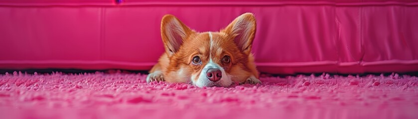 Wall Mural - Ecstatic corgi peeking from behind a rose banner, isolated on a pastel fuchsia background