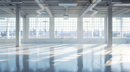 Wall Mural - Open space office in loft style hangar with windows in floor and city view 3D Render : Generative AI