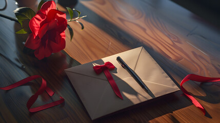 Poster - Envelope gift box mobile phone pen and flower on the table : Generative AI