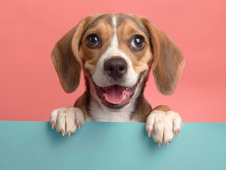 Wall Mural - Cheerful beagle pup hides behind blue banner on soft salmon backdrop, exuding joy and curiosity