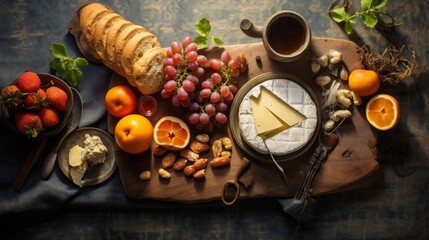 A rustic table set with a diverse selection of cheese, fruits, nuts, bread paired with a cup of tea