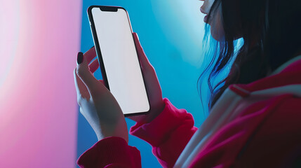 Aufkleber - Mockup image of a woman holding mobile phone with blank white desktop screen : Generative AI