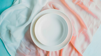 Aufkleber - Top view on colored background empty round white plate on tablecloth for food Empty dish on napkin with space for your design : Generative AI
