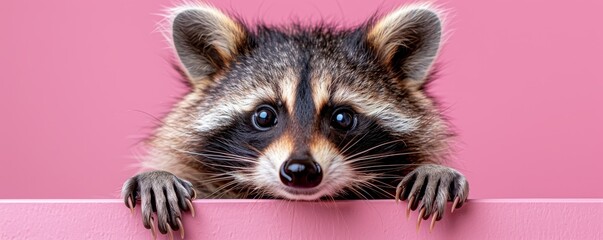 Canvas Print - Gleeful raccoon peeking from behind a fuchsia banner, isolated on a pastel violet background