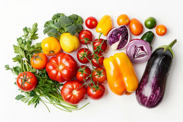 A colorful assortment of vegetables isolated against a white backdrop, cut out from the background, with no background. Concept of nutrition and health. Generative Ai.