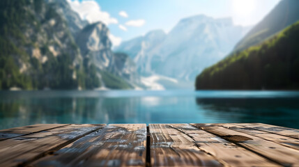 Leinwandbilder - The empty wooden table top with blur background of summer lakes mountain Exuberant image : Generative AI