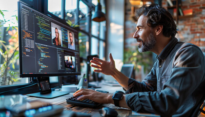 a side view of an IT specialist multitasking, with one hand on the keyboard and the other gesturing while talking to a customer, with small video windows and coding software on the