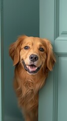 Wall Mural - A cheerful golden retriever playfully peeks from behind a teal banner against a soft green background