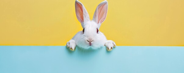 Wall Mural - A happy bunny hiding behind a sky blue banner against a soft yellow backdrop, exuding joy