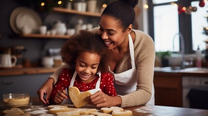 Wall Mural - A mother smiles as she guides her child in cutting heart-shaped cookies during a baking session