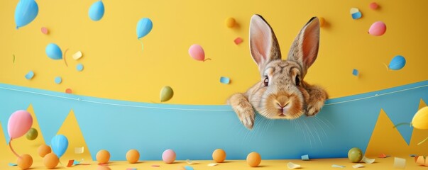 Canvas Print - A cheerful bunny peers from a sky blue banner against a soft yellow backdrop