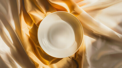 Aufkleber - Top view on colored background empty round white plate on tablecloth for food Empty dish on napkin with space for your design : Generative AI