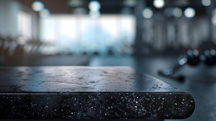 Poster - Empty black marble stone table top on blurred with bokeh Exercise room fitness and gym interior background  can be used for display or montage your products : Generative AI