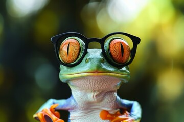 Sticker - Quirky frog figure wearing black glasses and an orange bow tie against a blurred background