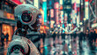 A robot looking out over a city street with a blurred background