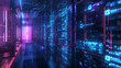 Abstract technology background. Server room with many racks and supercomputers.