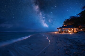 Wall Mural - Starlit beach with a cozy luxury tent, waves whispering in the night