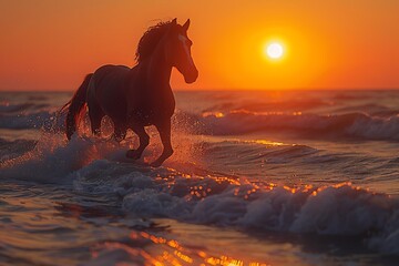 Wall Mural - Sunset horseback ride along the shore, waves softly breaking