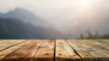 Leinwandbilder - Empty wooden table with blurred mountain view background Free space can be used for montage or product display design and advertising : Generative AI
