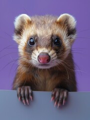 Wall Mural - A playful ferret peeks from behind a gray banner against a soft purple backdrop