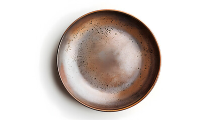 Aufkleber - Empty plate top isolated on white background Round brown rustic dish above view : Generative AI