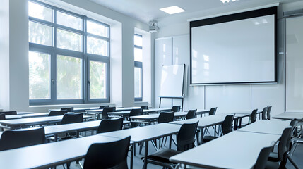 Leinwandbilder - Projector screen canvas in modern conference room with big windows Side viewEmpty classroom or presentation room interior with desks chairs and whiteboard : Generative AI