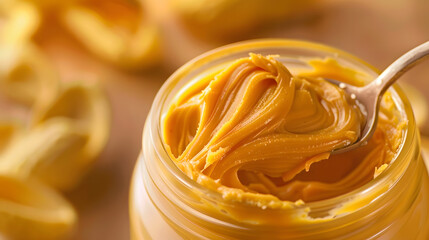 Peanut butter in an open jar Empty peanut butter container The last spoonful of delicious pasta snacks : Generative AI