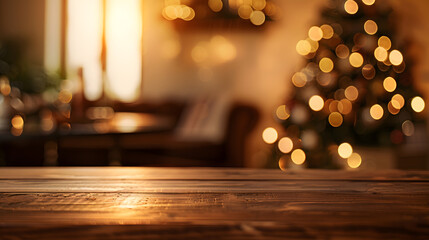Aufkleber - Corner table background of free space for your decoration and blurred home interior with brown sofa Christmas time in home and warm light : Generative AI