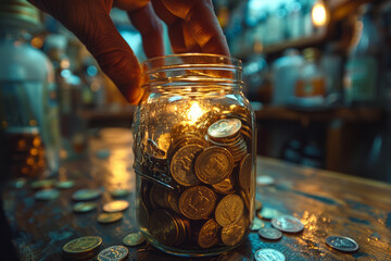 Wall Mural - A person's hand reaching into a jar of loose change, searching for spare coins to cover small expenses. Concept of financial resourcefulness and resource management. Generative Ai.