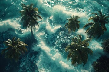 Wall Mural - Palm trees sway against a backdrop of churning sea, nature's dance amidst the roaring waves.
