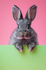 Poster - Curious rabbit hiding behind lime green banner against soft pink backdrop captures attention