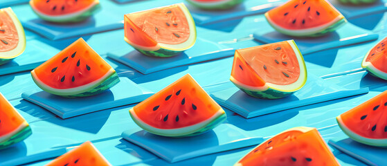 Wall Mural - Artistic Layout of Watermelon Slices on Blue Background, Summer Fruit Pattern with Fresh, Juicy Texture