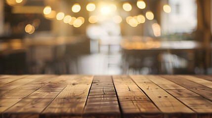 Leinwandbilder - Empty wooden table space platform and blurred resturant or coffee shop background for product display montage : Generative AI