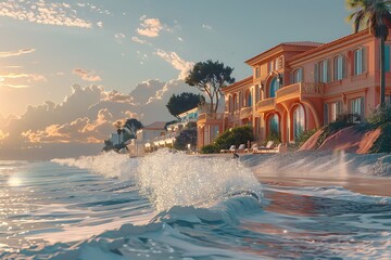 Wall Mural - Beachfront mansions stand stoically against the onslaught of waves, their inhabitants enjoying the luxurious isolation of summer retreat.