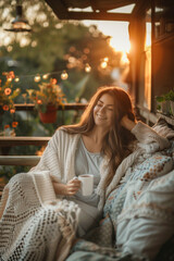 Wall Mural - Young woman having a cup of tea on cozy wooden terrace with rustic wooden furniture, soft colorful pillows, light bulbs and flower pots. Charming sunny evening in summer garden.