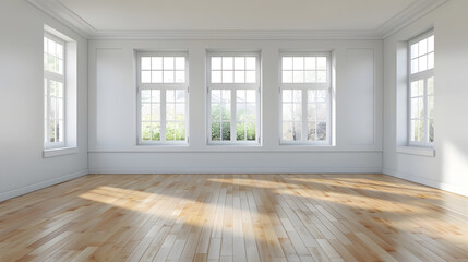 Poster - Interior of spacious living room with three windows and hardwood floor in empty house with white walls : Generative AI