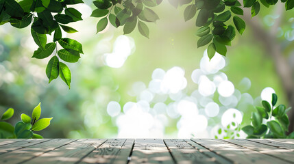 Fototapete - Empty wood table top and blurred white wall in garden background with Green leaves  can used for display or montage your products : Generative AI