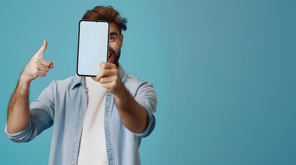 Aufkleber - Cheerful Emotional Man Holding Big Blank Cell Phone In Hand Showing White Screen To Camera Pointing At You Happy Millennial Guy Recommending New Application Or Mobile Website Mockup Ba : Generative AI