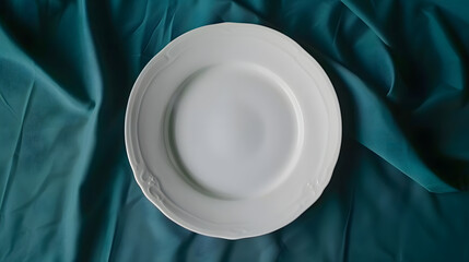 Aufkleber - Top view on colored background empty round white plate on tablecloth for food Empty dish on napkin with space for your design : Generative AI