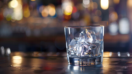 Poster - ice cube in an empty glass on a bar counter in bar or pub : Generative AI