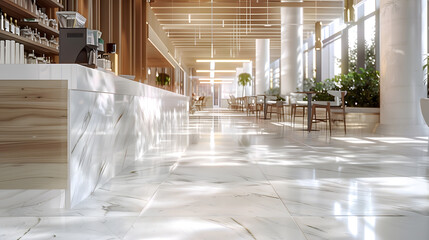 Leinwandbilder - Light wooden and marble tile floor interior of modern cafe with double ceiling height Lobby bar in luxury design hotel hall with second split level : Generative AI