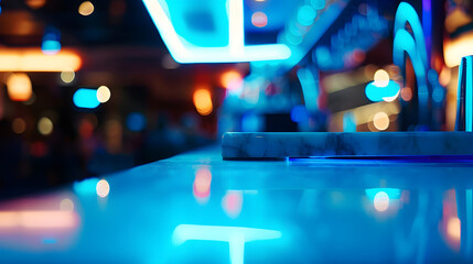 Aufkleber - Selective focus on the table board of a restaurant nightclub modern design background in neon blue light : Generative AI
