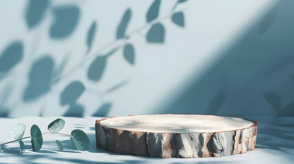 Aufkleber - Abstract empty Wood slice podium with eucalyptus leaves and shadows on blue background Mock up stand for product presentation 3D Render Minimal concept Advertising template : Generative AI