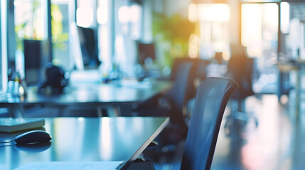 Poster - Modern business office without people with blurred bokeh background tables chairs computers copy space High quality photo : Generative AI