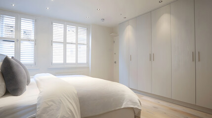 Poster - Brand New Refurbished bedroom with laminated wood flooring flash white painted walls blinds beautiful ceiling light in London UK : Generative AI